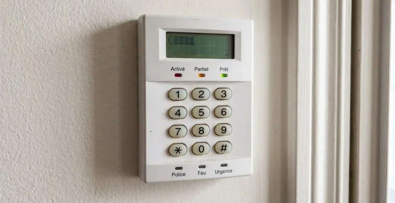 Gros plan sur un clavier de commande de système d'alarme domestique avec touches numériques et voyants LED