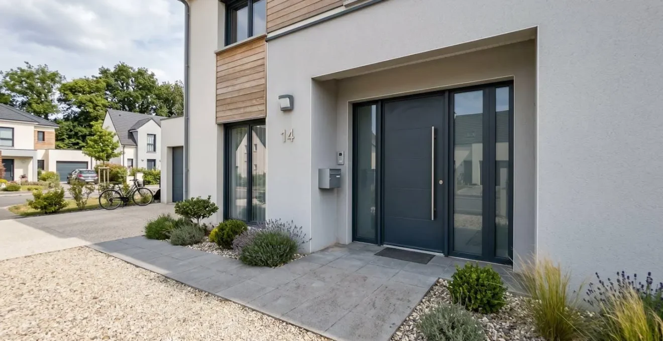Entrée d'une maison périurbaine française avec porte principale et fenêtres latérales