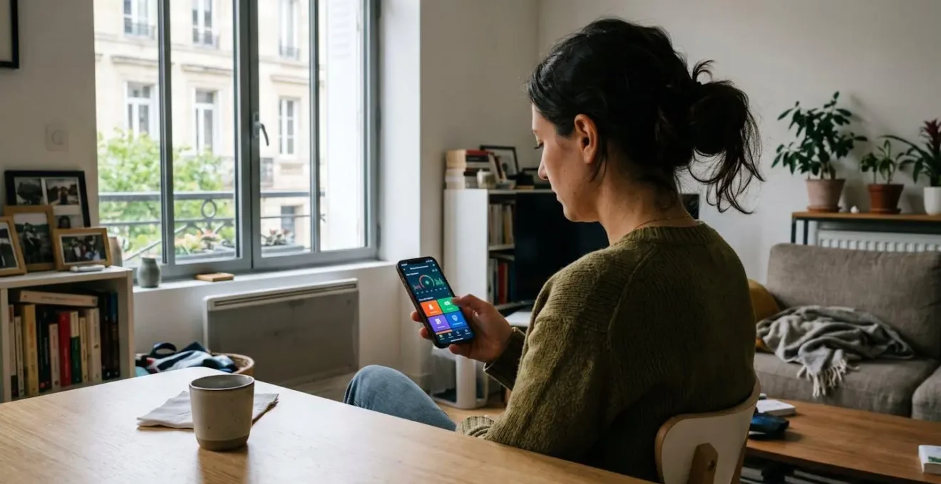 Personne consultant une application de télésurveillance sur smartphone dans un salon contemporain