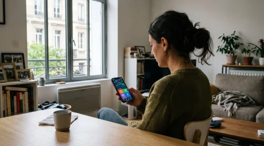 Personne consultant une application de télésurveillance sur smartphone dans un salon contemporain